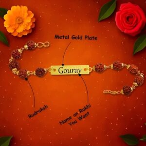 Custom Name Rudraksha Rakhi with Golden Metal Plate – Eco-Friendly & Personalized Raksha Bandhan